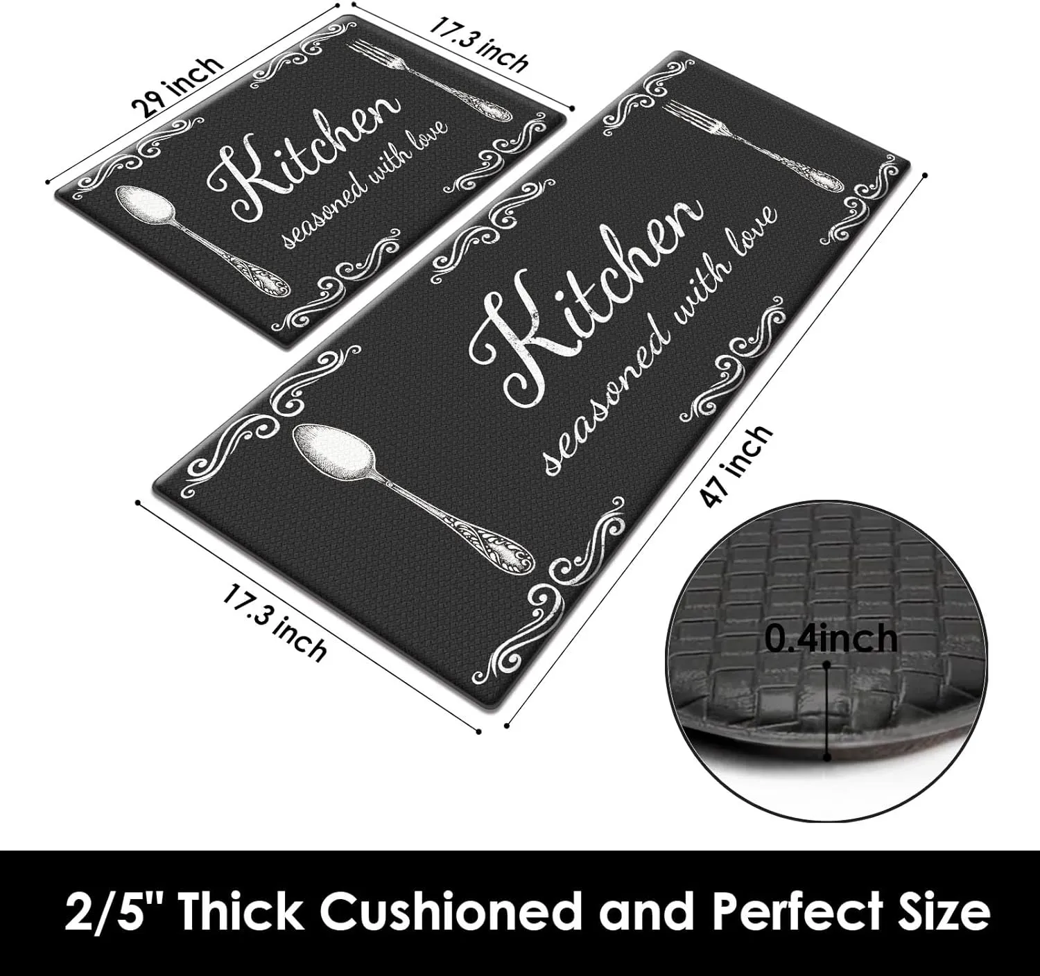 Arttown Black Anti-Fatigue Kitchen Rug Set of 2 Farmhouse Rustic Cushioned Floor Standing Mat Waterproof Non-Slip Mat and PVC Ergonomic Comfort Foam Rug