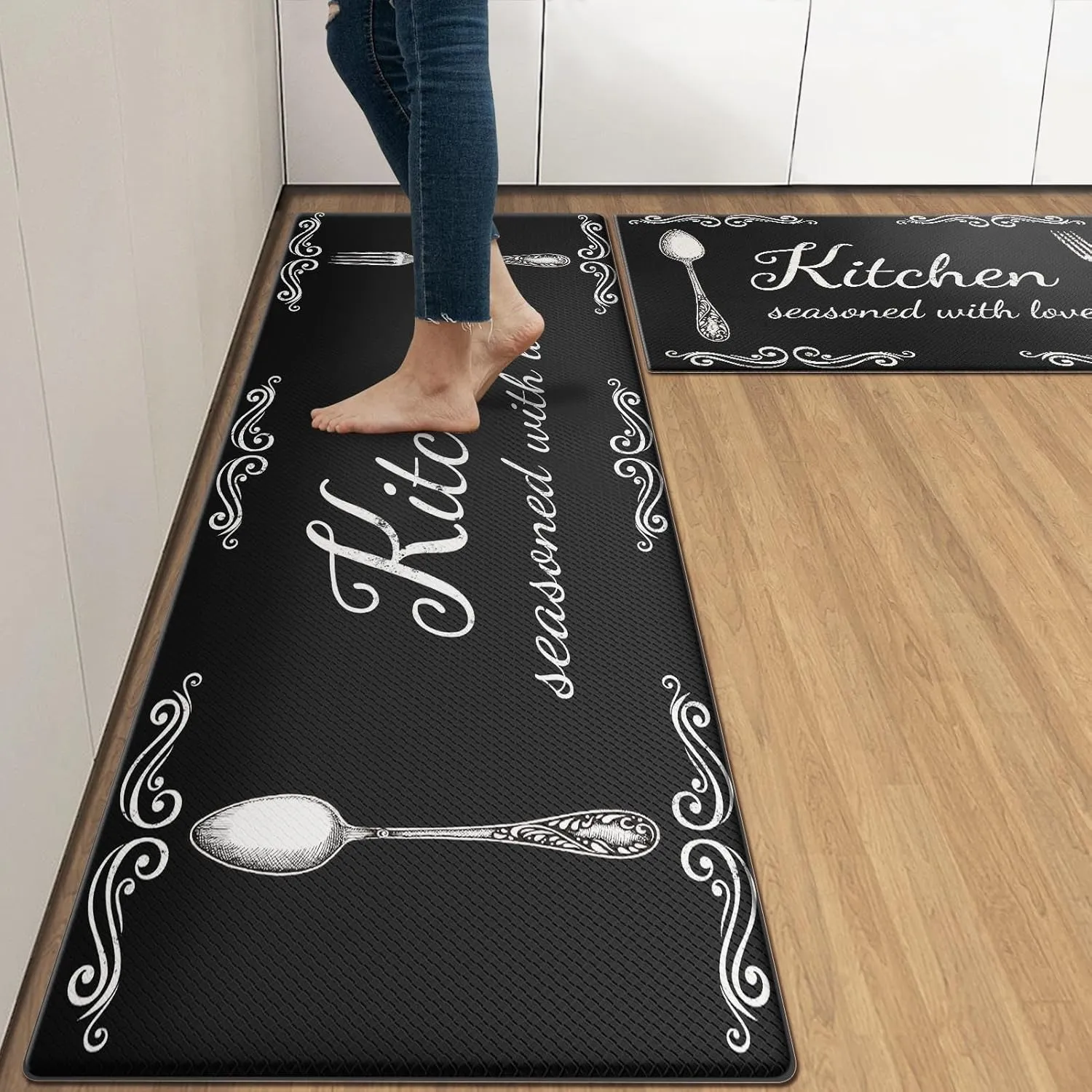 Arttown Black Anti-Fatigue Kitchen Rug Set of 2 Farmhouse Rustic Cushioned Floor Standing Mat Waterproof Non-Slip Mat and PVC Ergonomic Comfort Foam Rug