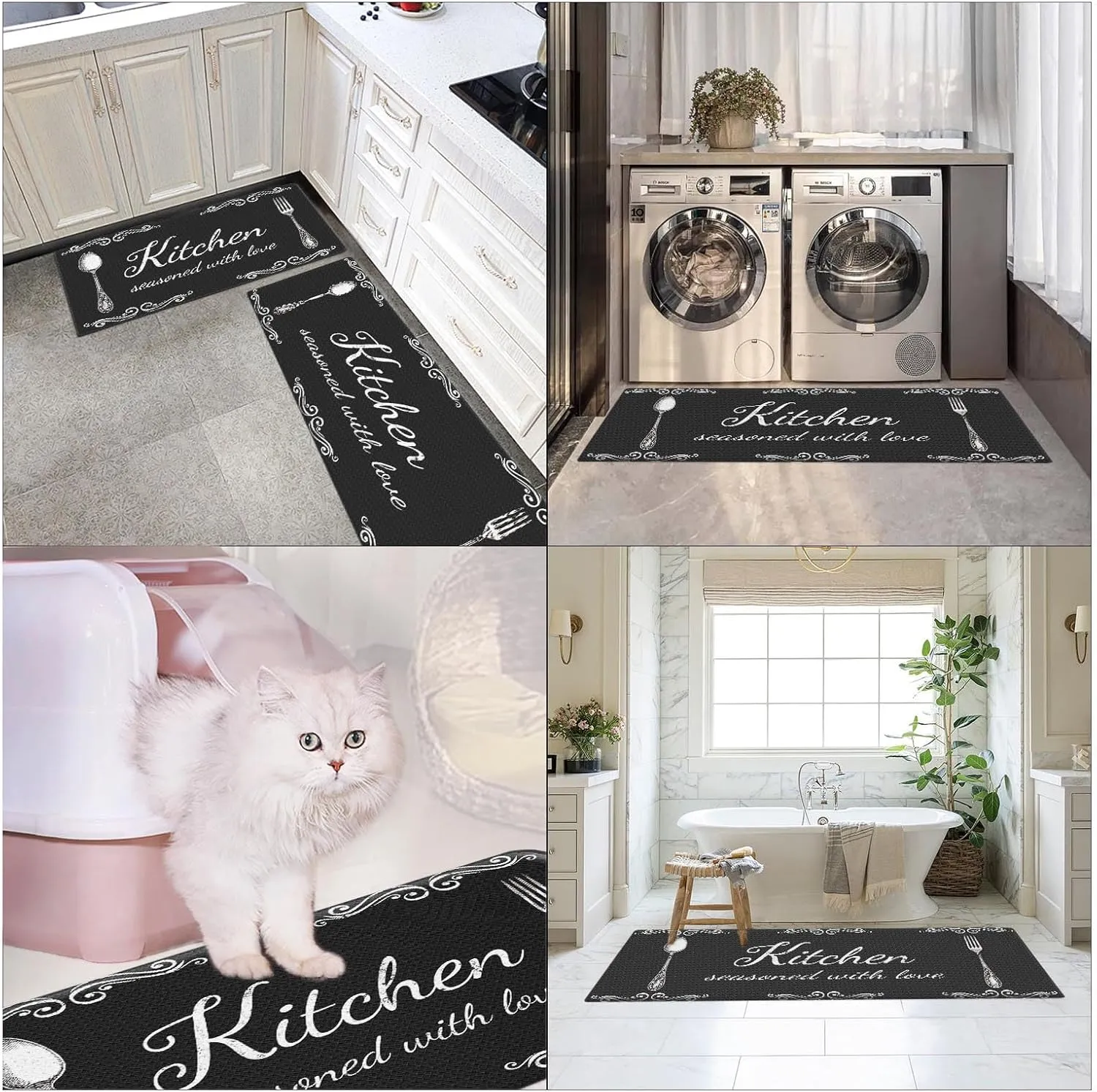 Arttown Black Anti-Fatigue Kitchen Rug Set of 2 Farmhouse Rustic Cushioned Floor Standing Mat Waterproof Non-Slip Mat and PVC Ergonomic Comfort Foam Rug