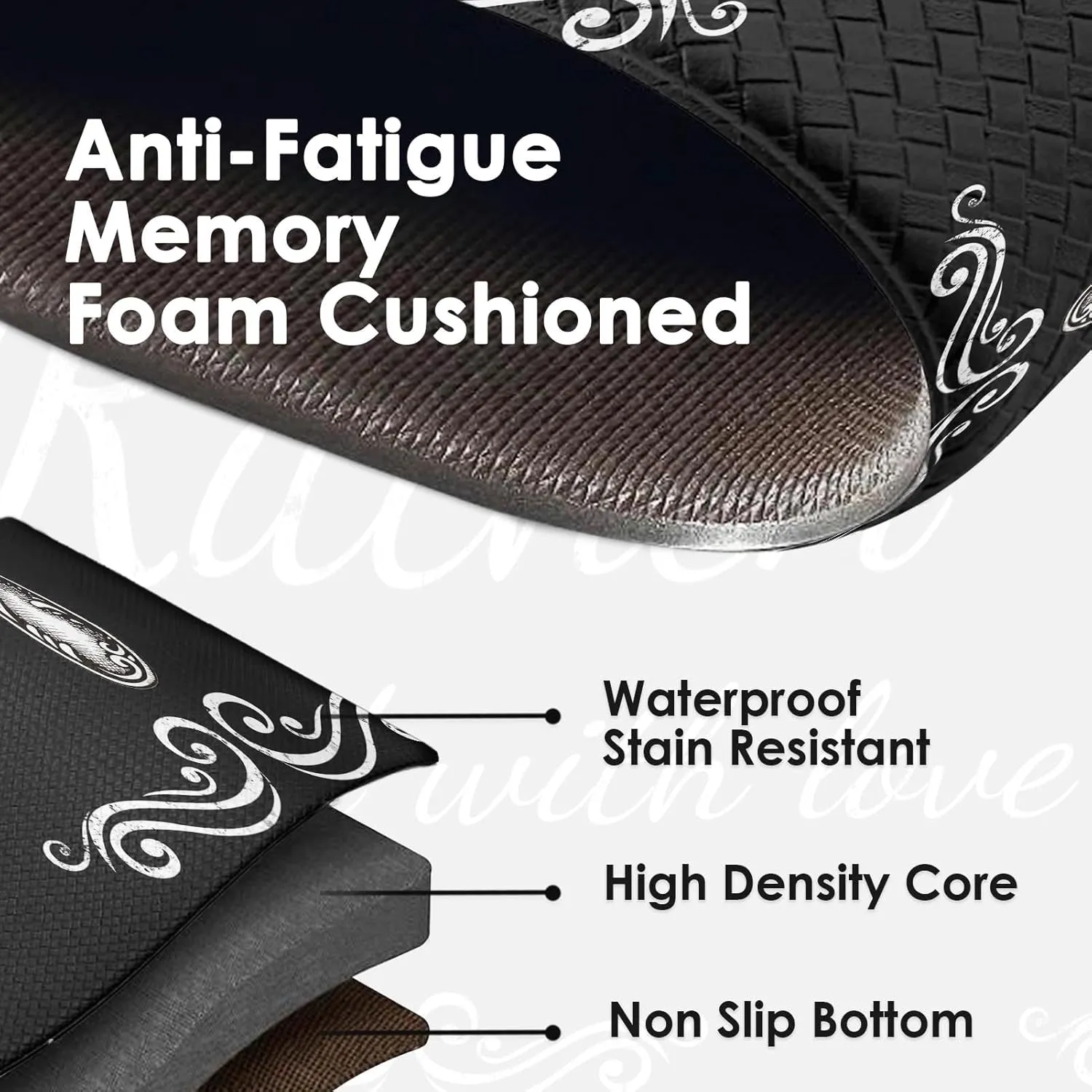 Arttown Black Anti-Fatigue Kitchen Rug Set of 2 Farmhouse Rustic Cushioned Floor Standing Mat Waterproof Non-Slip Mat and PVC Ergonomic Comfort Foam Rug
