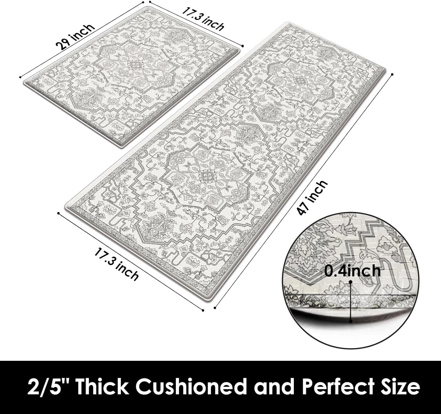 Arttown Boho Anti-Fatigue Kitchen Rug Set of 2 Grey White Cushioned Floor Standing Mat Waterproof Non-Slip Mat and PVC Ergonomic Comfort Foam Rug