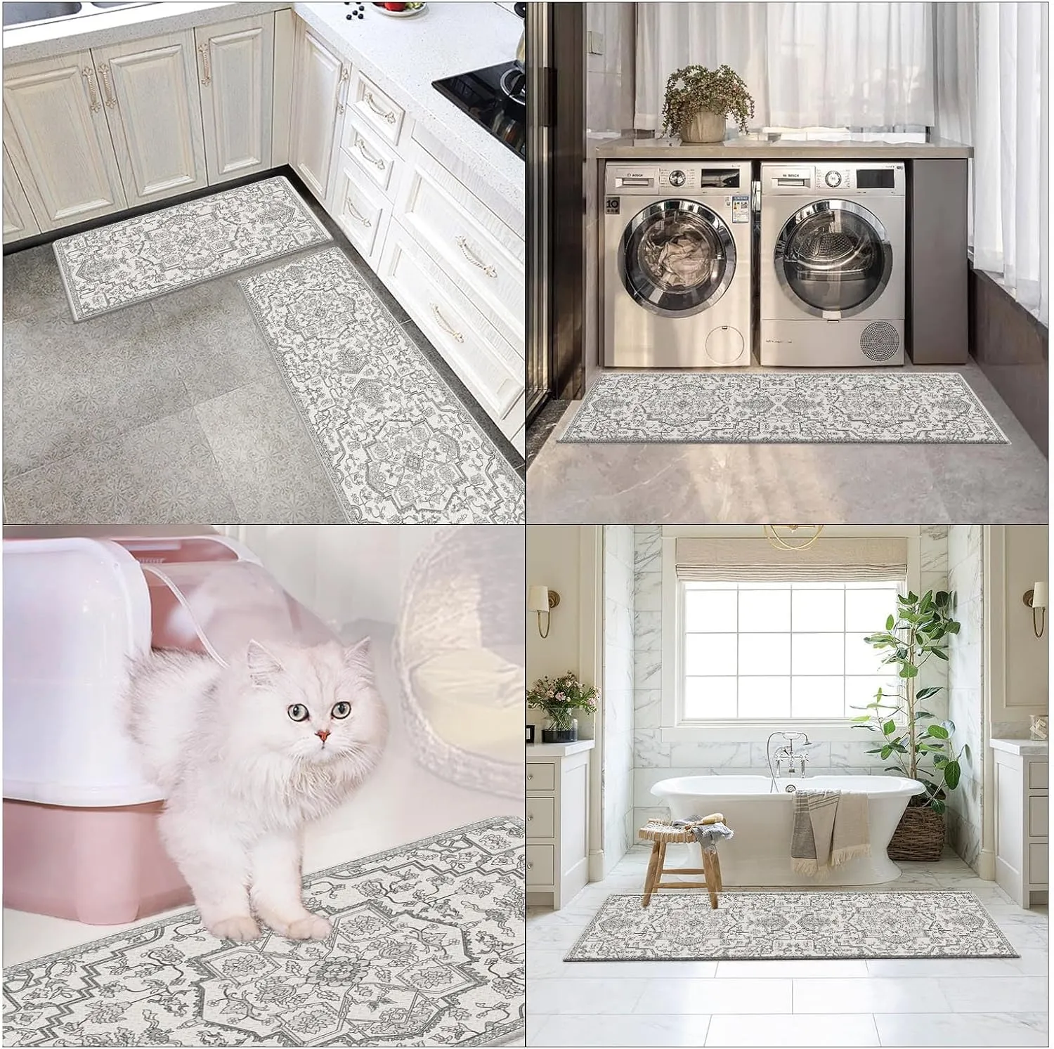 Arttown Boho Anti-Fatigue Kitchen Rug Set of 2 Grey White Cushioned Floor Standing Mat Waterproof Non-Slip Mat and PVC Ergonomic Comfort Foam Rug