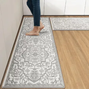 Arttown Boho Anti-Fatigue Kitchen Rug Set of 2 Grey White Cushioned Floor Standing Mat Waterproof Non-Slip Mat and PVC Ergonomic Comfort Foam Rug