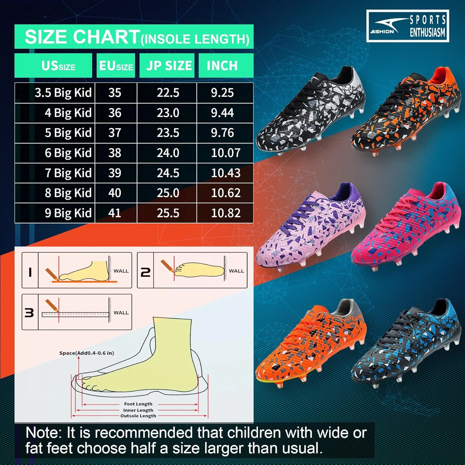 ASHION Kids Soccer Cleats Boys Girls Soccer Shoes Firm Ground Football Shoes for Indoor Outdoor Size (Little Kid/Big Kid)
