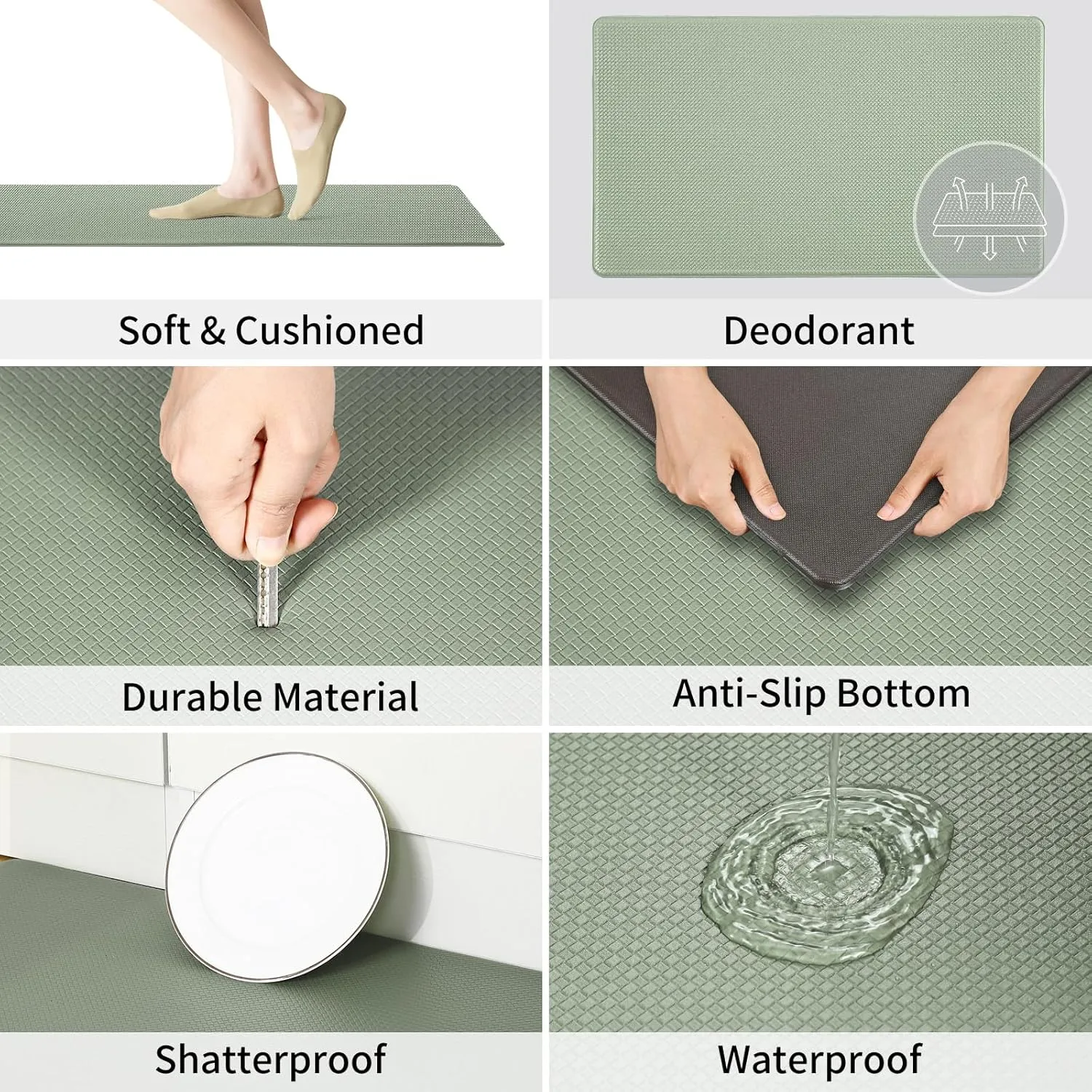 AUTODECO Kitchen Mats and Rugs Set of 2 - Cushioned Anti-Fatigue Kitchen Rug for Floor Washable 17"x29"  17"x59", Light Green
