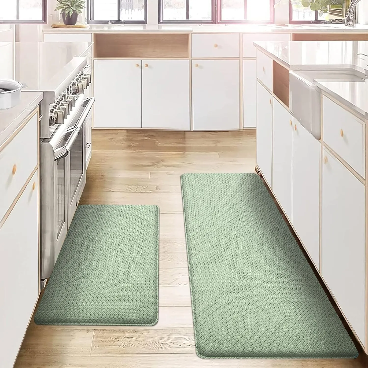 AUTODECO Kitchen Mats and Rugs Set of 2 - Cushioned Anti-Fatigue Kitchen Rug for Floor Washable 17"x29"  17"x59", Light Green