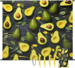 Avocado Beach Blanket, Sandproof Beach Mat, 68 x 59 Waterproof Quick Drying Sand Free Mat with 4 x Ground Spikes for Outdoor Travel Camping Hiking, Fresh Fruit