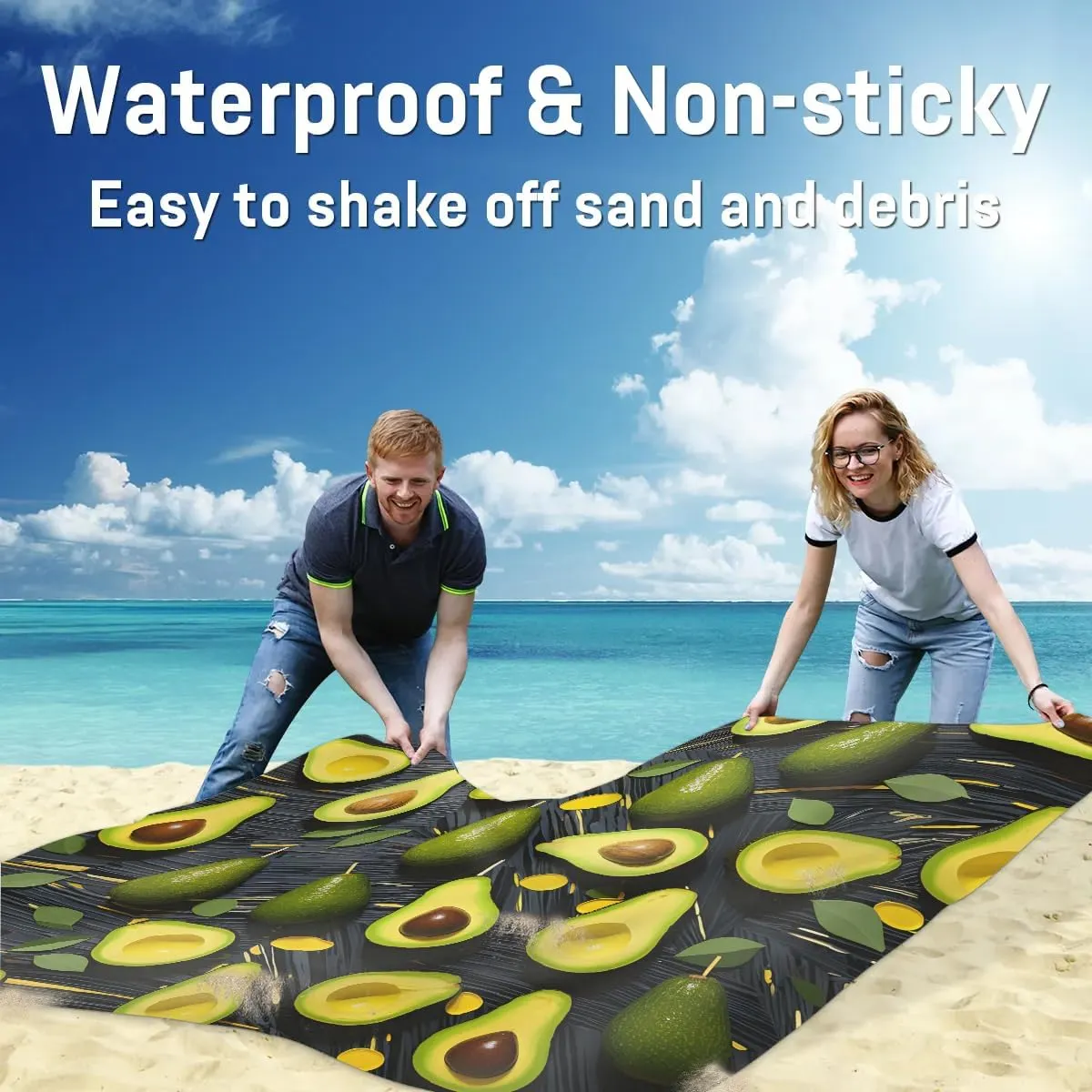 Avocado Beach Blanket, Sandproof Beach Mat, 68 x 59 Waterproof Quick Drying Sand Free Mat with 4 x Ground Spikes for Outdoor Travel Camping Hiking, Fresh Fruit