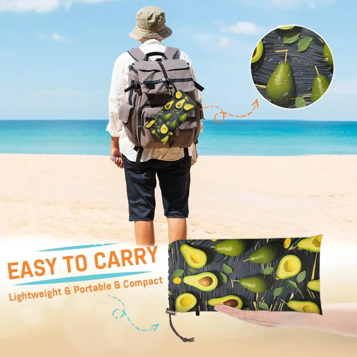 Avocado Beach Blanket, Sandproof Beach Mat, 68 x 59 Waterproof Quick Drying Sand Free Mat with 4 x Ground Spikes for Outdoor Travel Camping Hiking, Fresh Fruit