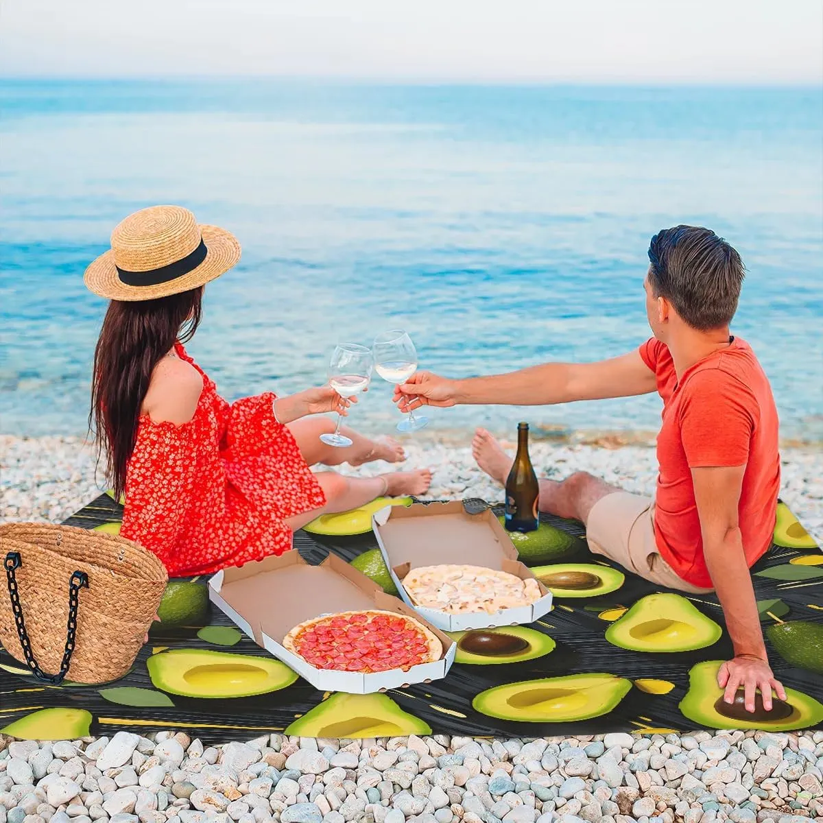 Avocado Beach Blanket, Sandproof Beach Mat, 68 x 59 Waterproof Quick Drying Sand Free Mat with 4 x Ground Spikes for Outdoor Travel Camping Hiking, Fresh Fruit