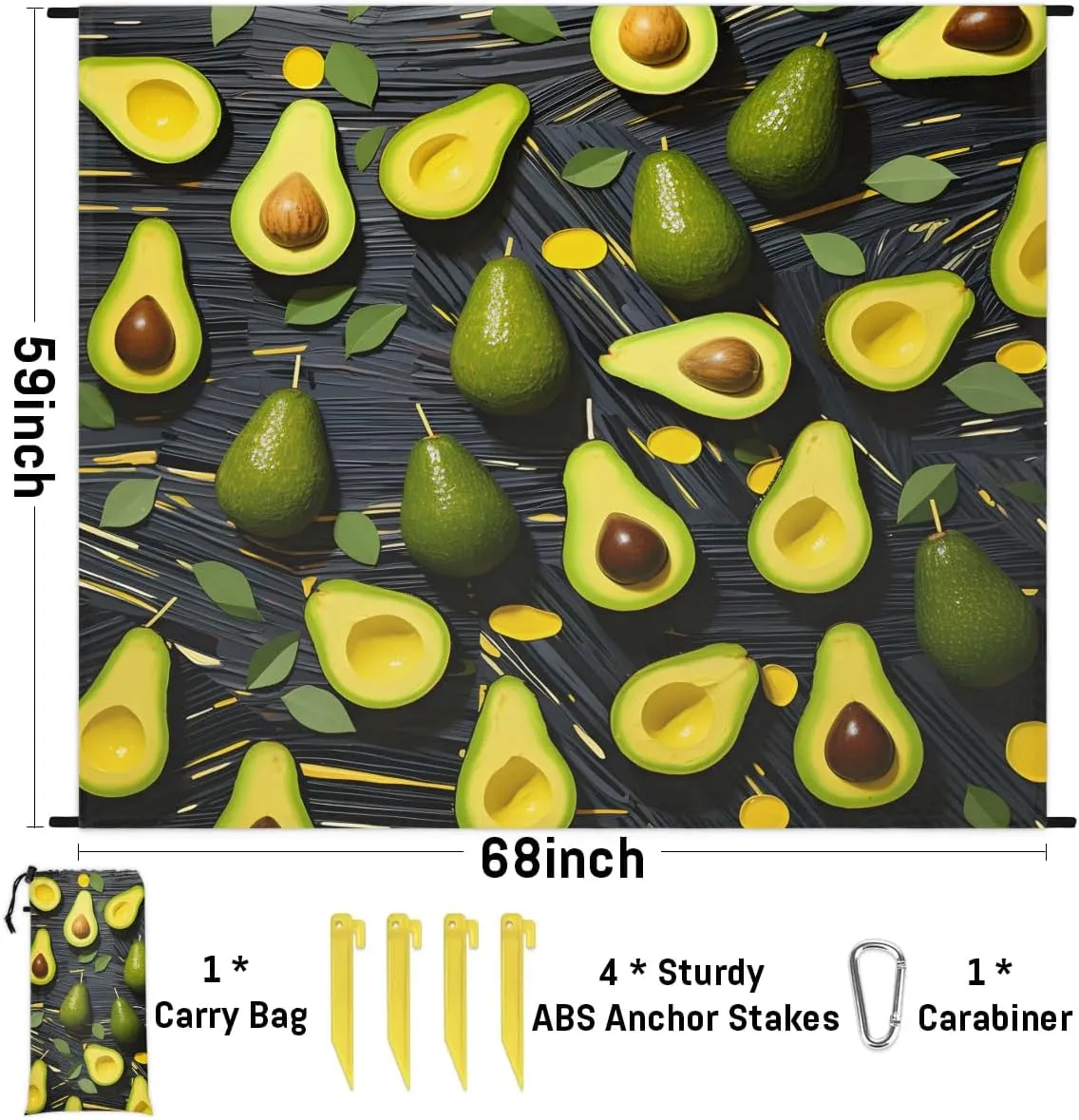 Avocado Beach Blanket, Sandproof Beach Mat, 68 x 59 Waterproof Quick Drying Sand Free Mat with 4 x Ground Spikes for Outdoor Travel Camping Hiking, Fresh Fruit