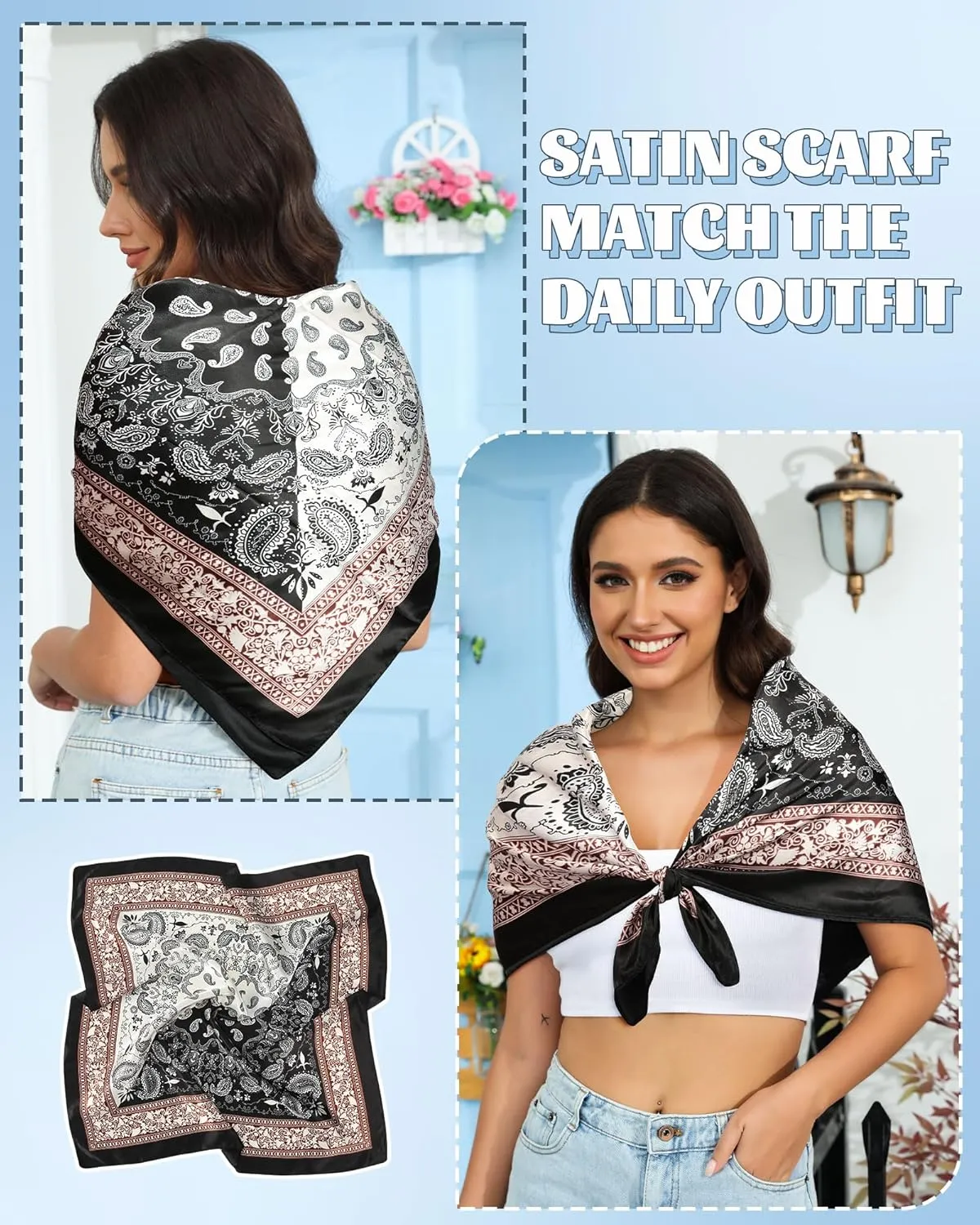 AWAYTR 35” Large Square Satin Head Scarf - 3Pcs Satin Hair Scarves Silk Bandana Scarf Headscarf Silk Feeling Scarf for Women