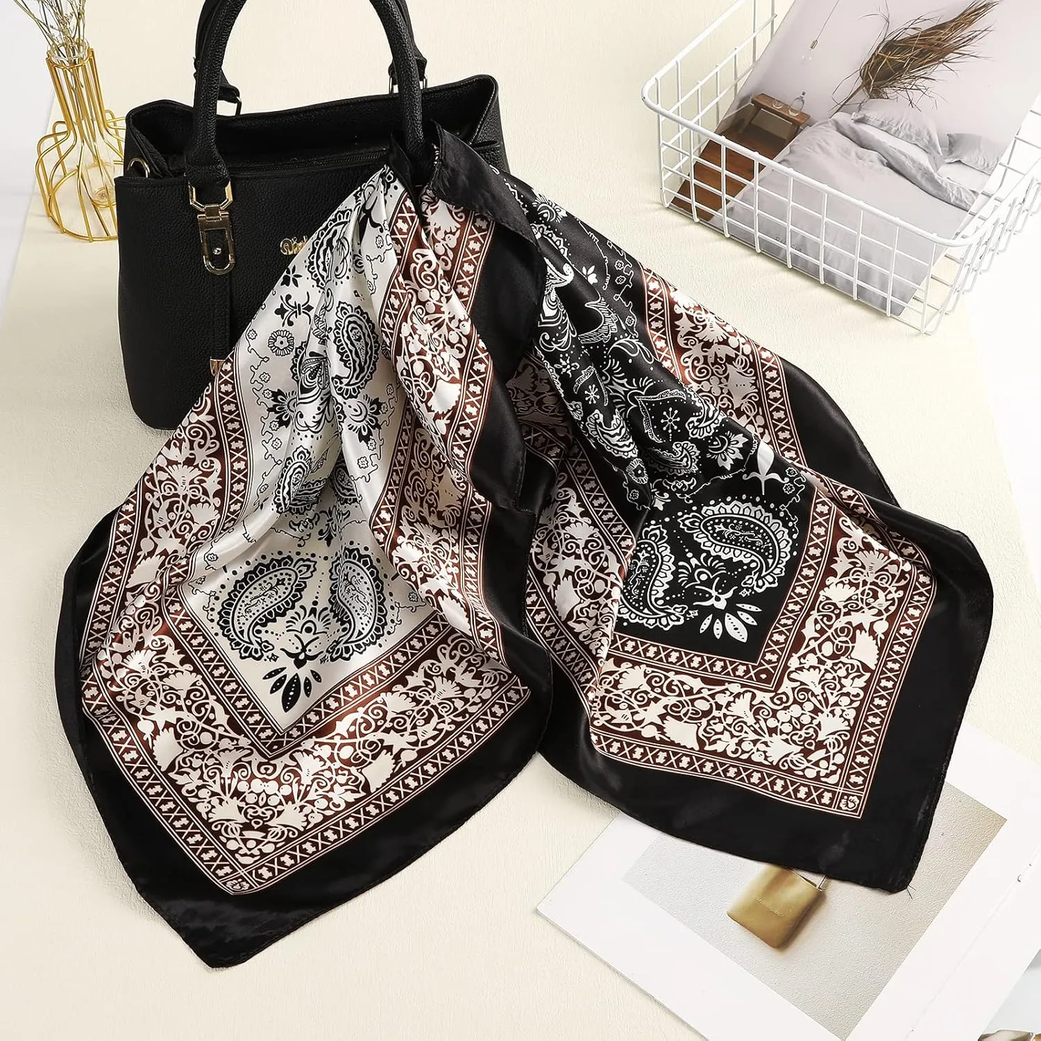 AWAYTR 35” Large Square Satin Head Scarf - 3Pcs Satin Hair Scarves Silk Bandana Scarf Headscarf Silk Feeling Scarf for Women