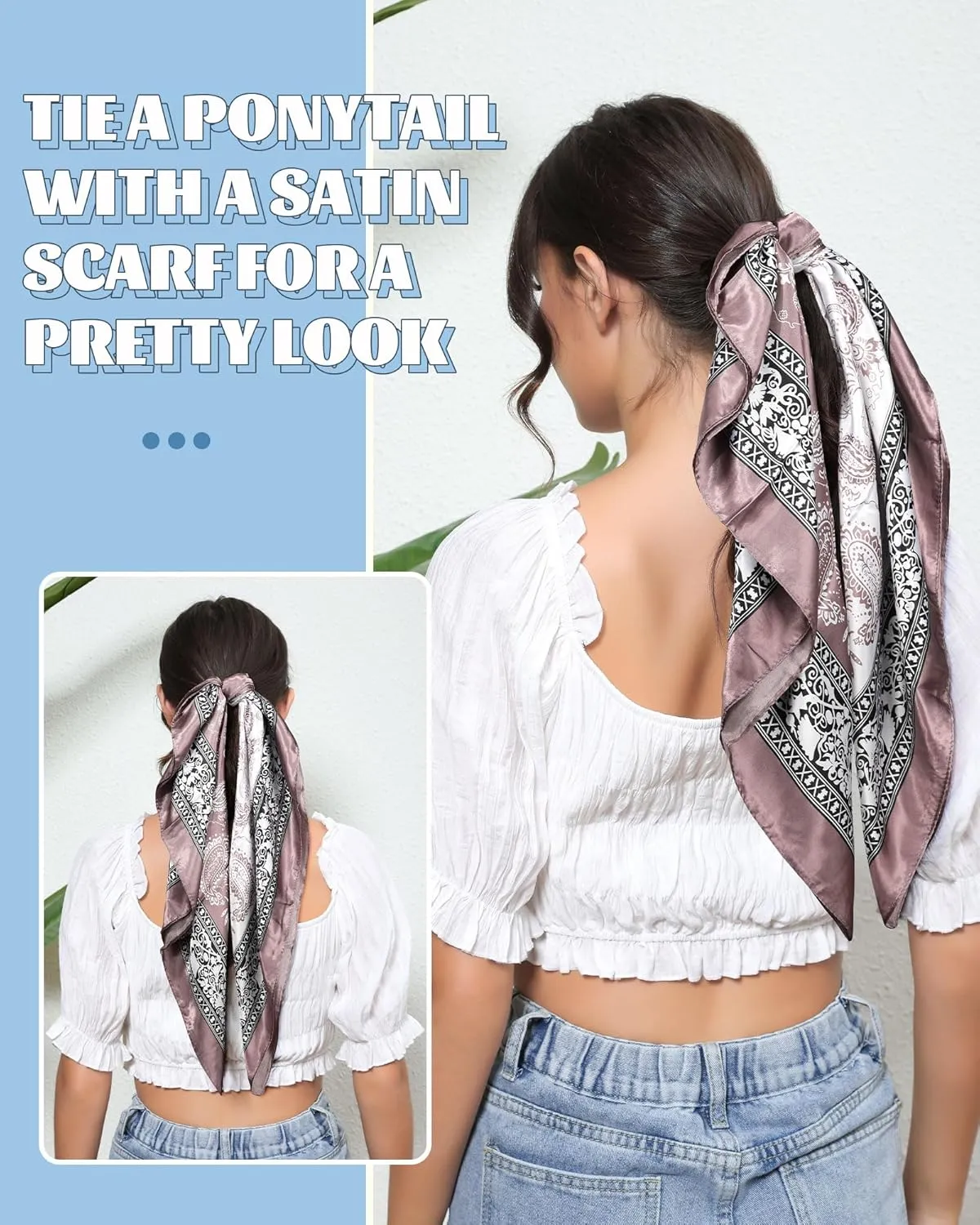 AWAYTR 35” Large Square Satin Head Scarf - 3Pcs Satin Hair Scarves Silk Bandana Scarf Headscarf Silk Feeling Scarf for Women