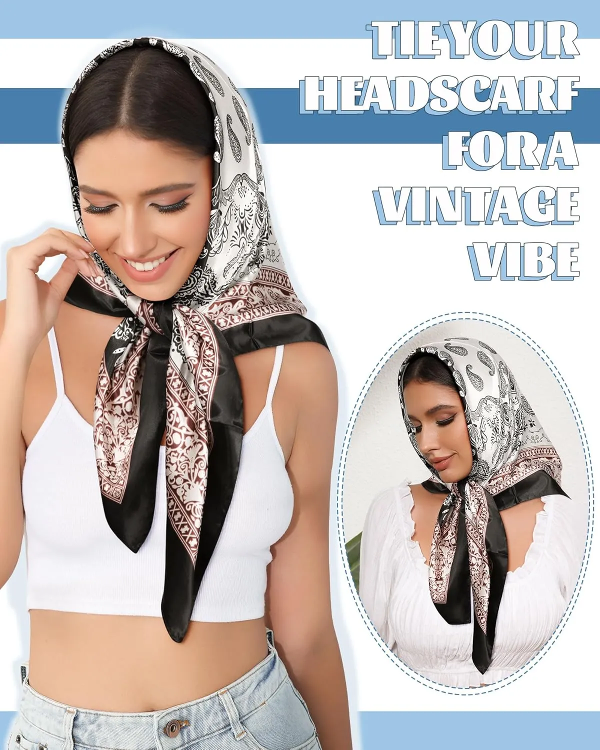 AWAYTR 35” Large Square Satin Head Scarf - 3Pcs Satin Hair Scarves Silk Bandana Scarf Headscarf Silk Feeling Scarf for Women