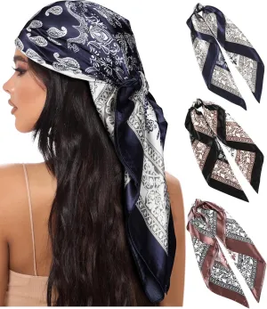 AWAYTR 35” Large Square Satin Head Scarf - 3Pcs Satin Hair Scarves Silk Bandana Scarf Headscarf Silk Feeling Scarf for Women