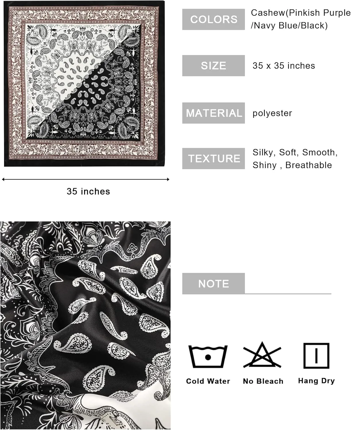 AWAYTR 35” Large Square Satin Head Scarf - 3Pcs Satin Hair Scarves Silk Bandana Scarf Headscarf Silk Feeling Scarf for Women