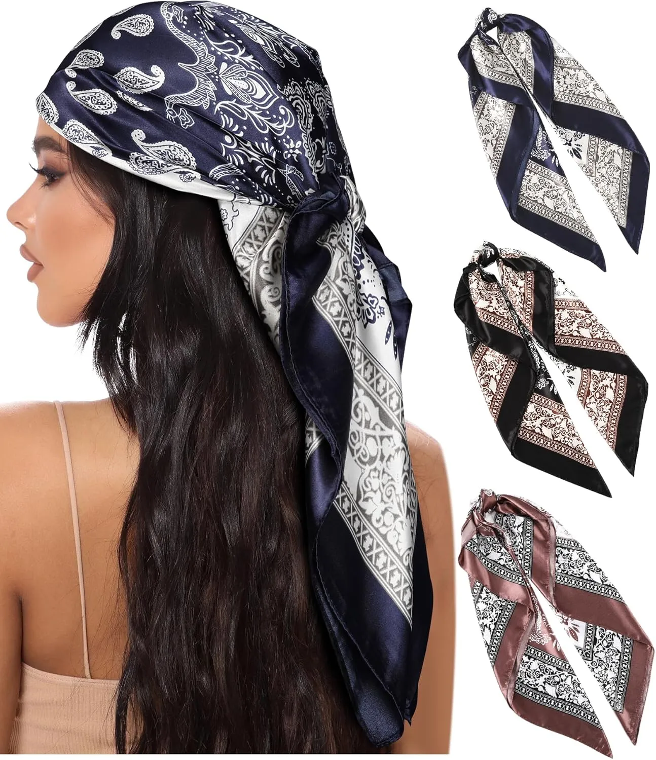 AWAYTR 35” Large Square Satin Head Scarf - 3Pcs Satin Hair Scarves Silk Bandana Scarf Headscarf Silk Feeling Scarf for Women