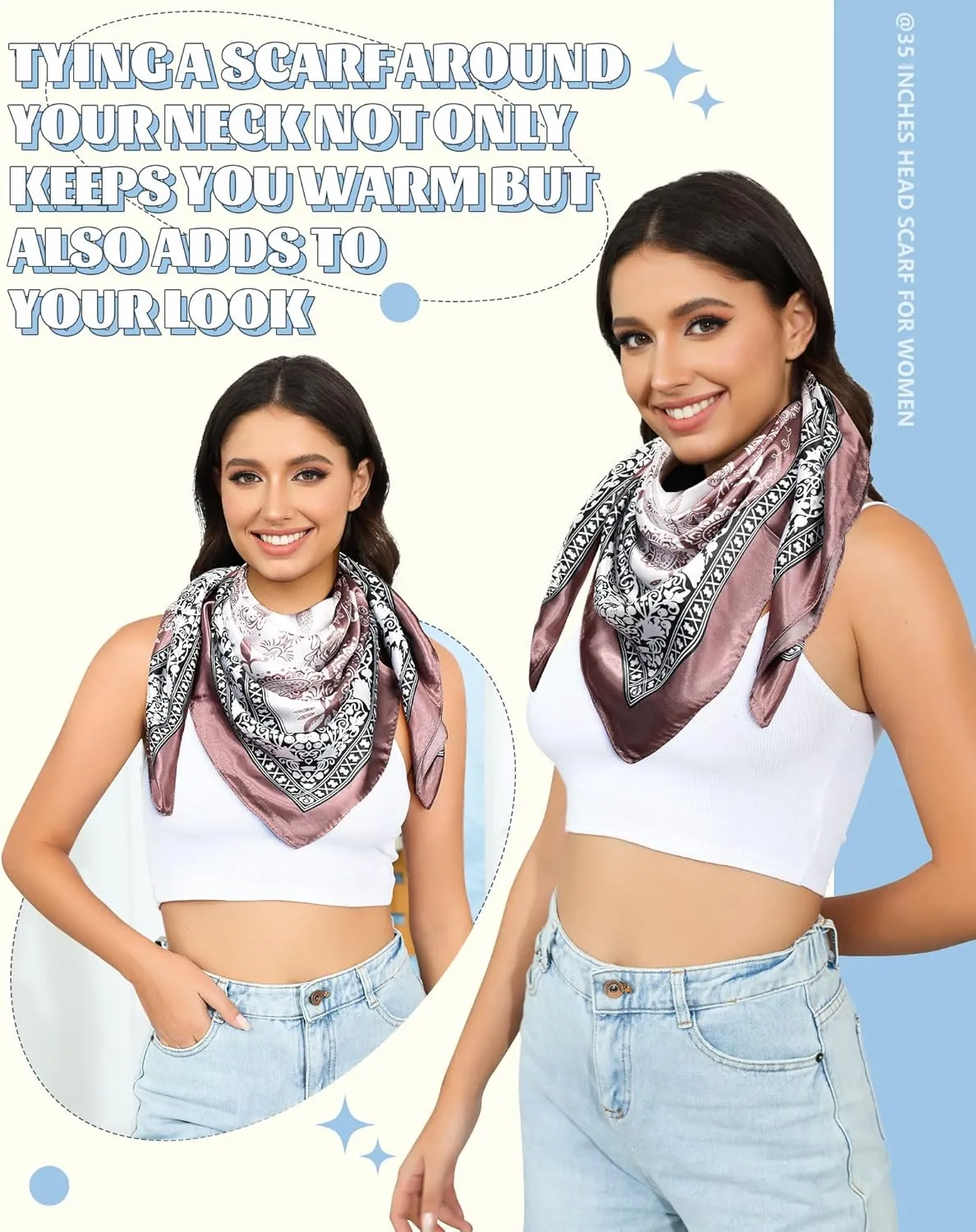 AWAYTR 35” Large Square Satin Head Scarf - 3Pcs Satin Hair Scarves Silk Bandana Scarf Headscarf Silk Feeling Scarf for Women