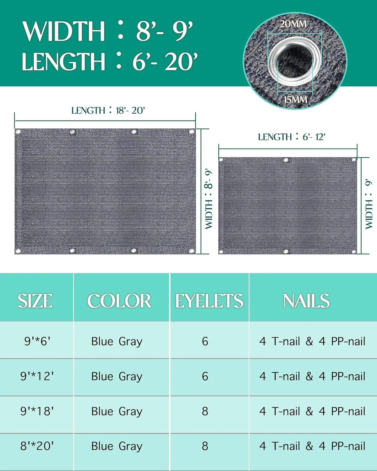 Awning Carpet HDPE Outdoor RV Rug,Blue-Grey 9'*6' Waterproof Camping Rugs with Eyelets/Broom/Carry Bag/Nails,Highly Robust & Washable,Large Outdoor Area Mat for Patio/Backyard/Picnic/Beach