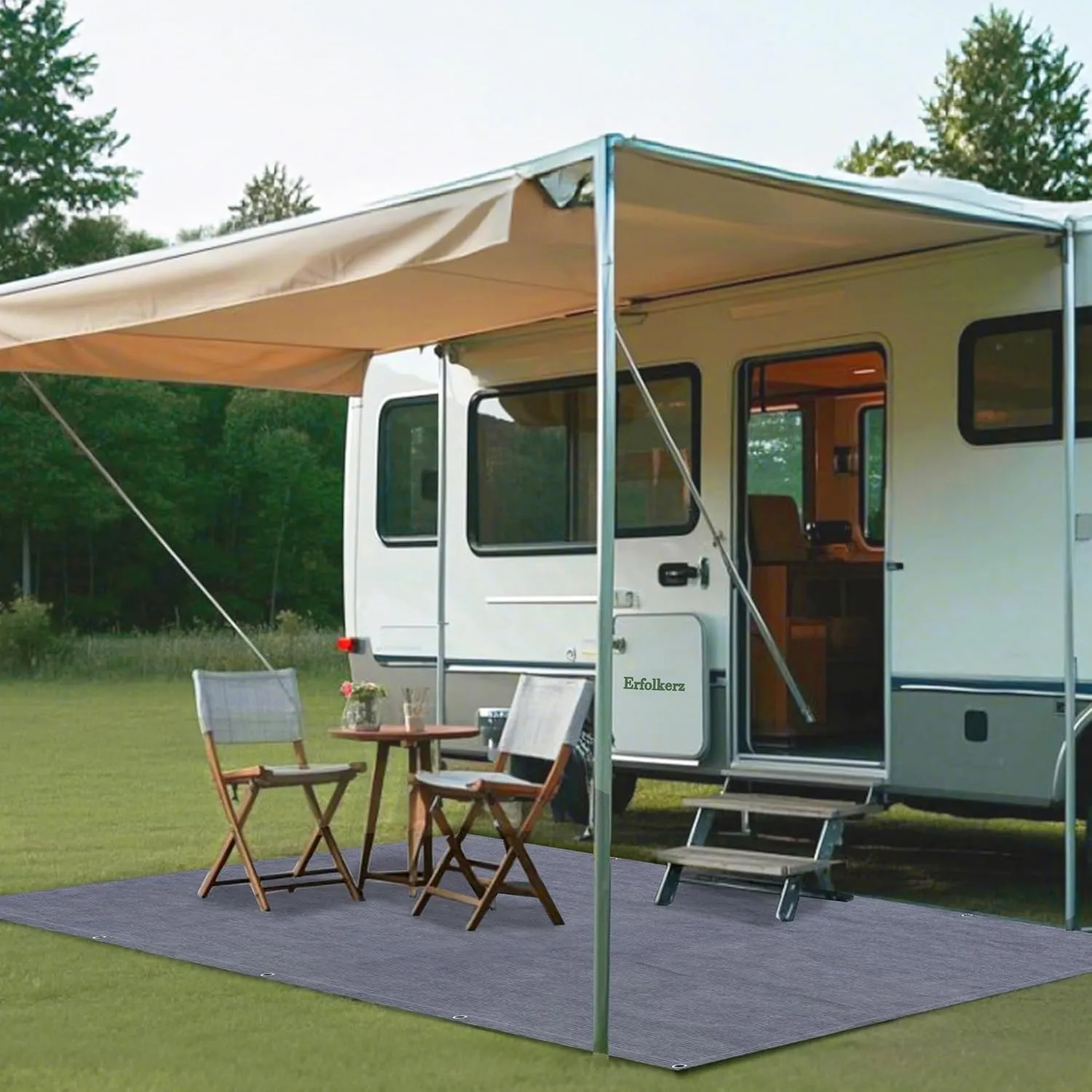 Awning Carpet HDPE Outdoor RV Rug,Blue-Grey 9'*6' Waterproof Camping Rugs with Eyelets/Broom/Carry Bag/Nails,Highly Robust & Washable,Large Outdoor Area Mat for Patio/Backyard/Picnic/Beach