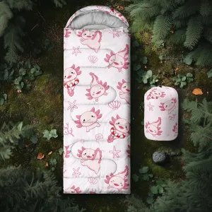 Axolotl Polar Bear Sleeping Bag for Kids Girls,Pink Strawberry Camping Bag with Kawaii Animals Compression Sack for Women,Pink Sleeping Mat for 3 Season Traveling Outdoor Hiking Camping Gear Equipment