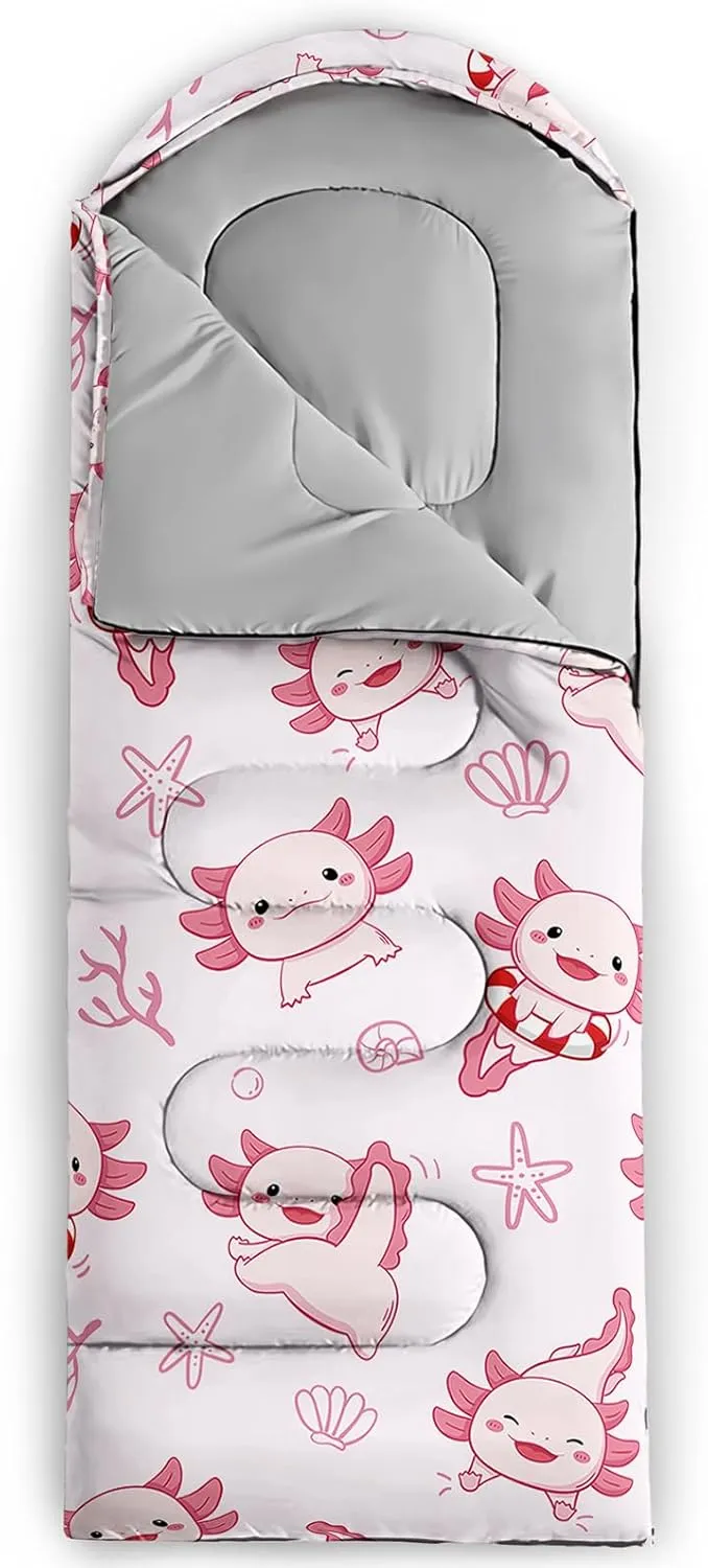 Axolotl Polar Bear Sleeping Bag for Kids Girls,Pink Strawberry Camping Bag with Kawaii Animals Compression Sack for Women,Pink Sleeping Mat for 3 Season Traveling Outdoor Hiking Camping Gear Equipment