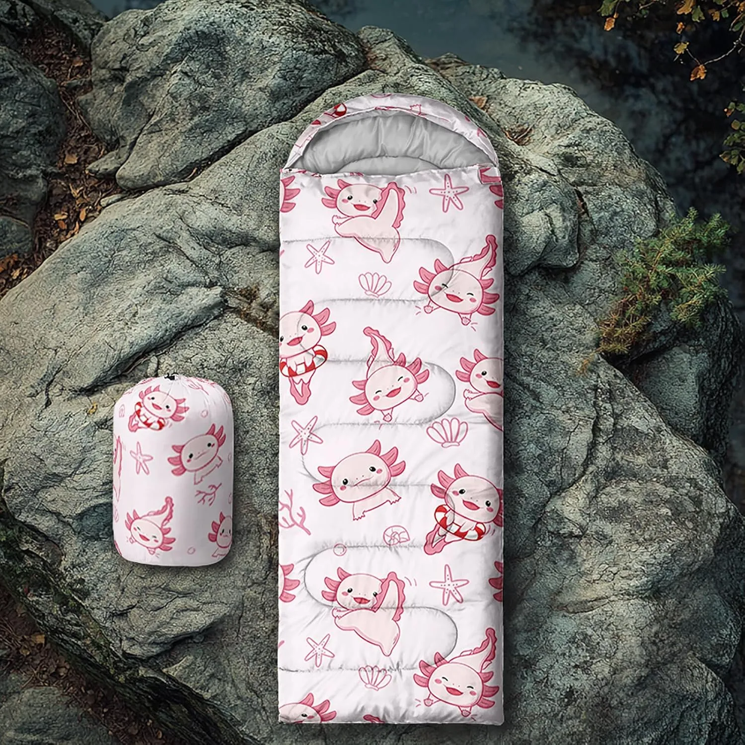 Axolotl Polar Bear Sleeping Bag for Kids Girls,Pink Strawberry Camping Bag with Kawaii Animals Compression Sack for Women,Pink Sleeping Mat for 3 Season Traveling Outdoor Hiking Camping Gear Equipment