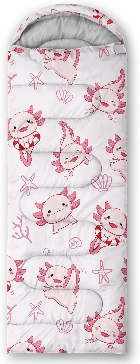 Axolotl Polar Bear Sleeping Bag for Kids Girls,Pink Strawberry Camping Bag with Kawaii Animals Compression Sack for Women,Pink Sleeping Mat for 3 Season Traveling Outdoor Hiking Camping Gear Equipment