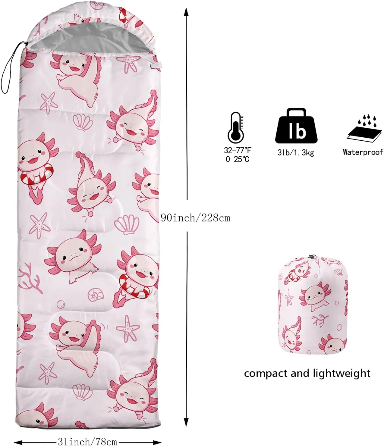 Axolotl Polar Bear Sleeping Bag for Kids Girls,Pink Strawberry Camping Bag with Kawaii Animals Compression Sack for Women,Pink Sleeping Mat for 3 Season Traveling Outdoor Hiking Camping Gear Equipment