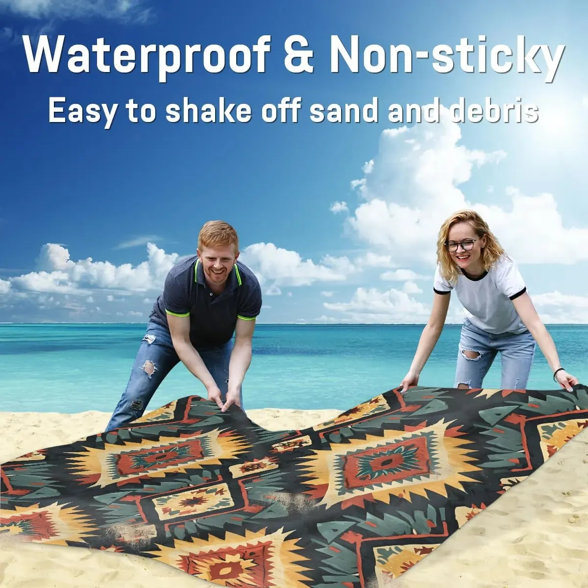Aztec Southwestern Native Design Beach Blanket, Sandproof Beach Mat, 68 x 59 Waterproof Quick Drying Sand Free Mat with 4 x Ground Spikes for Outdoor Travel Camping Hiking, Aztec