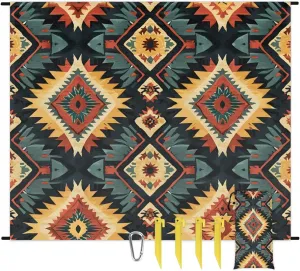 Aztec Southwestern Native Design Beach Blanket, Sandproof Beach Mat, 68 x 59 Waterproof Quick Drying Sand Free Mat with 4 x Ground Spikes for Outdoor Travel Camping Hiking, Aztec