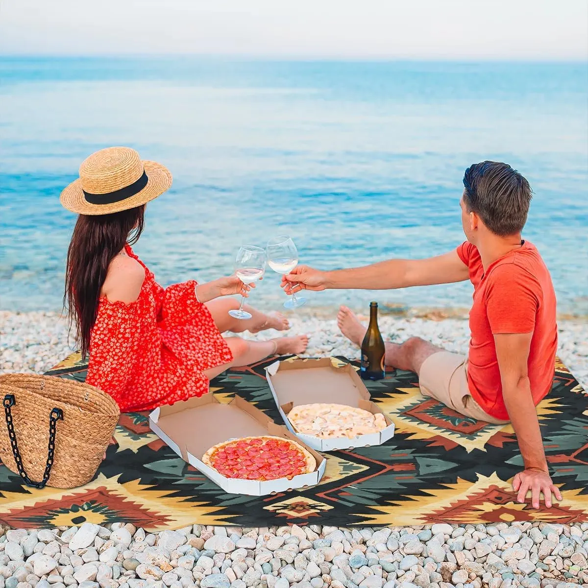 Aztec Southwestern Native Design Beach Blanket, Sandproof Beach Mat, 68 x 59 Waterproof Quick Drying Sand Free Mat with 4 x Ground Spikes for Outdoor Travel Camping Hiking, Aztec