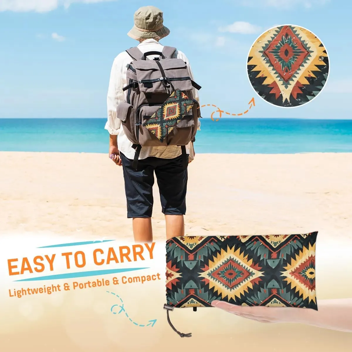 Aztec Southwestern Native Design Beach Blanket, Sandproof Beach Mat, 68 x 59 Waterproof Quick Drying Sand Free Mat with 4 x Ground Spikes for Outdoor Travel Camping Hiking, Aztec