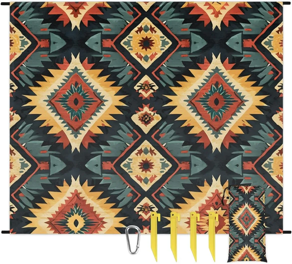 Aztec Southwestern Native Design Beach Blanket, Sandproof Beach Mat, 68 x 59 Waterproof Quick Drying Sand Free Mat with 4 x Ground Spikes for Outdoor Travel Camping Hiking, Aztec