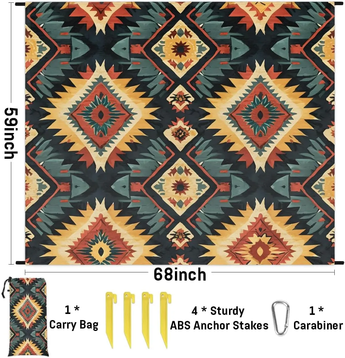 Aztec Southwestern Native Design Beach Blanket, Sandproof Beach Mat, 68 x 59 Waterproof Quick Drying Sand Free Mat with 4 x Ground Spikes for Outdoor Travel Camping Hiking, Aztec