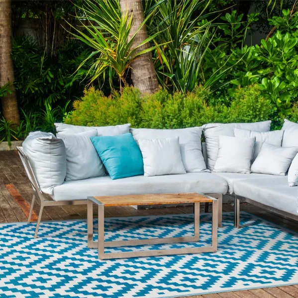 Aztec Teal & White Diamond Pattern Foldable Large Waterproof Inside Caravan Mat - 270x270 CM