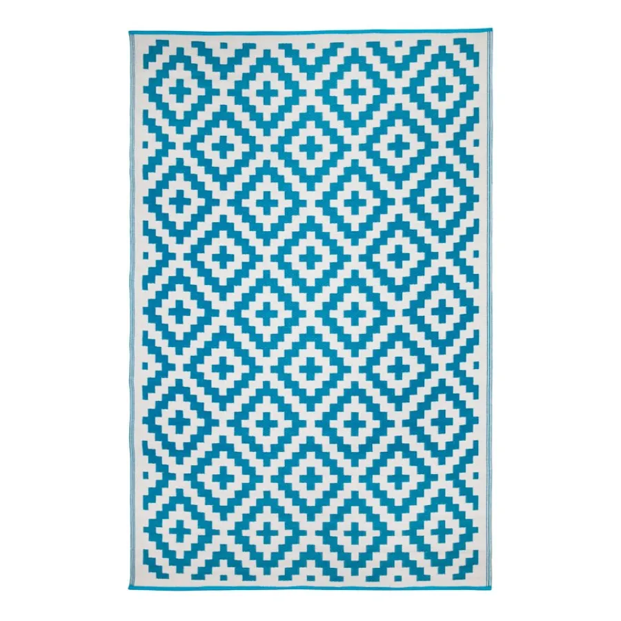 Aztec Teal & White Diamond Pattern Foldable Large Waterproof Inside Caravan Mat - 270x270 CM
