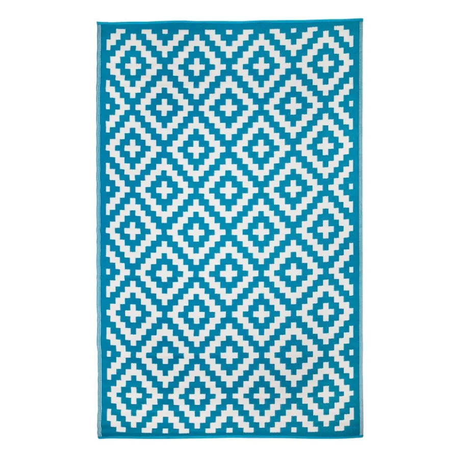 Aztec Teal & White Diamond Pattern Foldable Large Waterproof Inside Caravan Mat - 270x270 CM