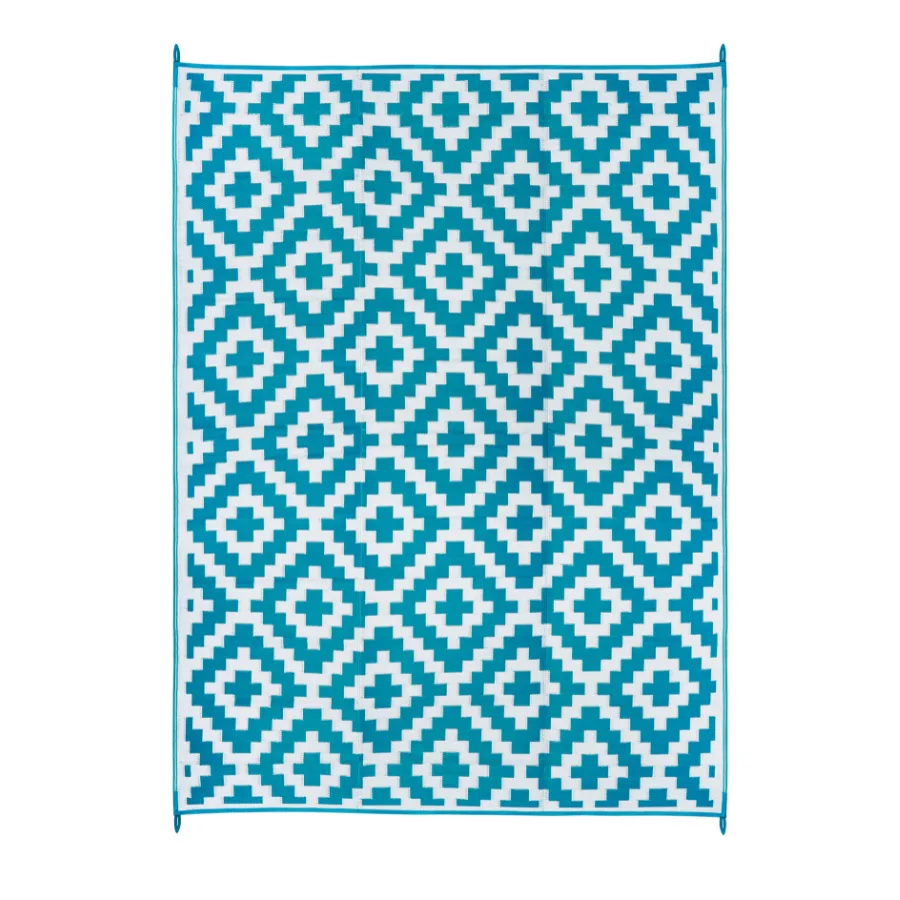 Aztec Teal & White Diamond Pattern Foldable Large Waterproof Inside Caravan Mat - 270x270 CM