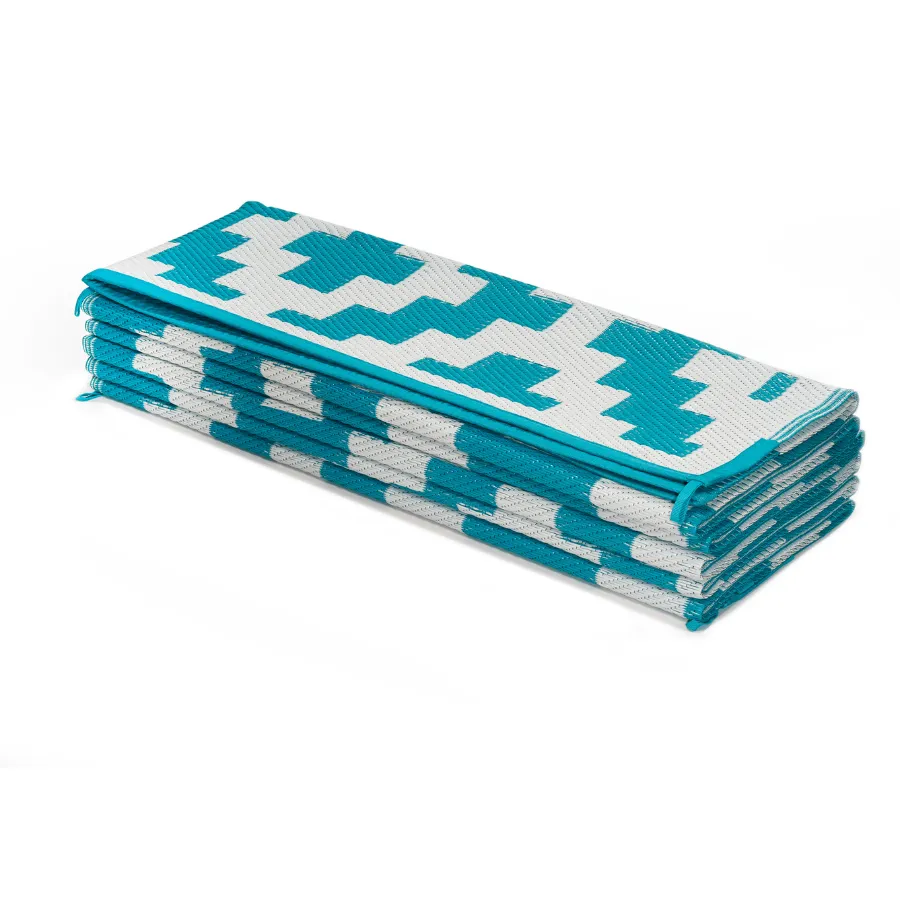 Aztec Teal & White Diamond Pattern Foldable Large Waterproof Inside Caravan Mat - 270x270 CM