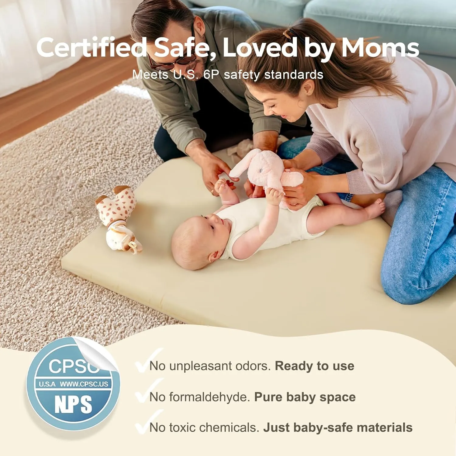 Baby Mat for Floor, Thick Soft Non-Toxic Vegan Leather Baby Play Mat, Waterproof Foam Play Mat, Padded Play Mat for Baby, 50x50 Playpen Mat, Infant Playmat for Baby Girls and Boys, Beige