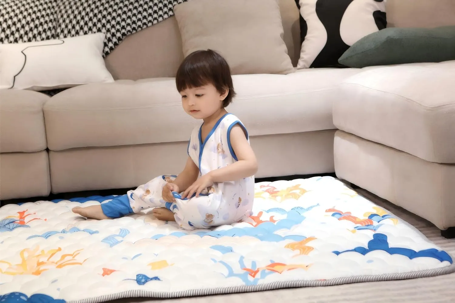 Baby Play Mat 50x50 Inch, Thickened Soft Floor Mat for Playpen, Machine Washable Foam Crawling Mat with Non-Slip Bottom for Babies and Toddlers, Foldable Padded Playmat
