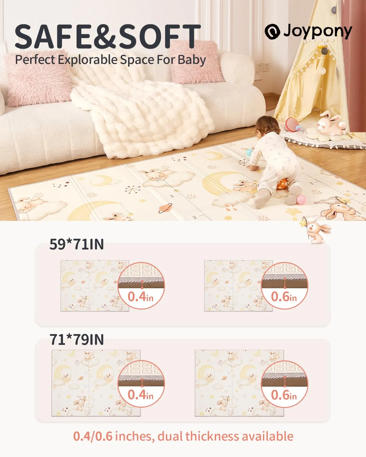 Baby Play Mat 79" X 71" X 0.6", Fabric Version Extra Large Thick Reversible Foldable Play Mats for Babies and Toddlers, Anti-Slip Portable Baby Floor Mat for Tummy Time with Travel Bag