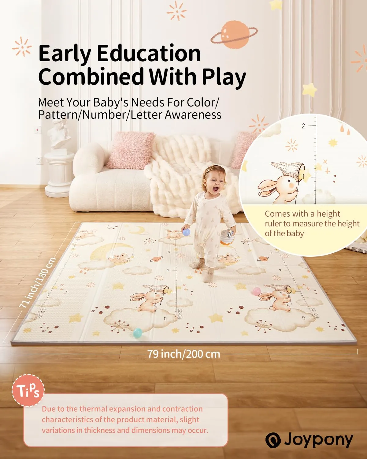 Baby Play Mat 79" X 71" X 0.6", Fabric Version Extra Large Thick Reversible Foldable Play Mats for Babies and Toddlers, Anti-Slip Portable Baby Floor Mat for Tummy Time with Travel Bag