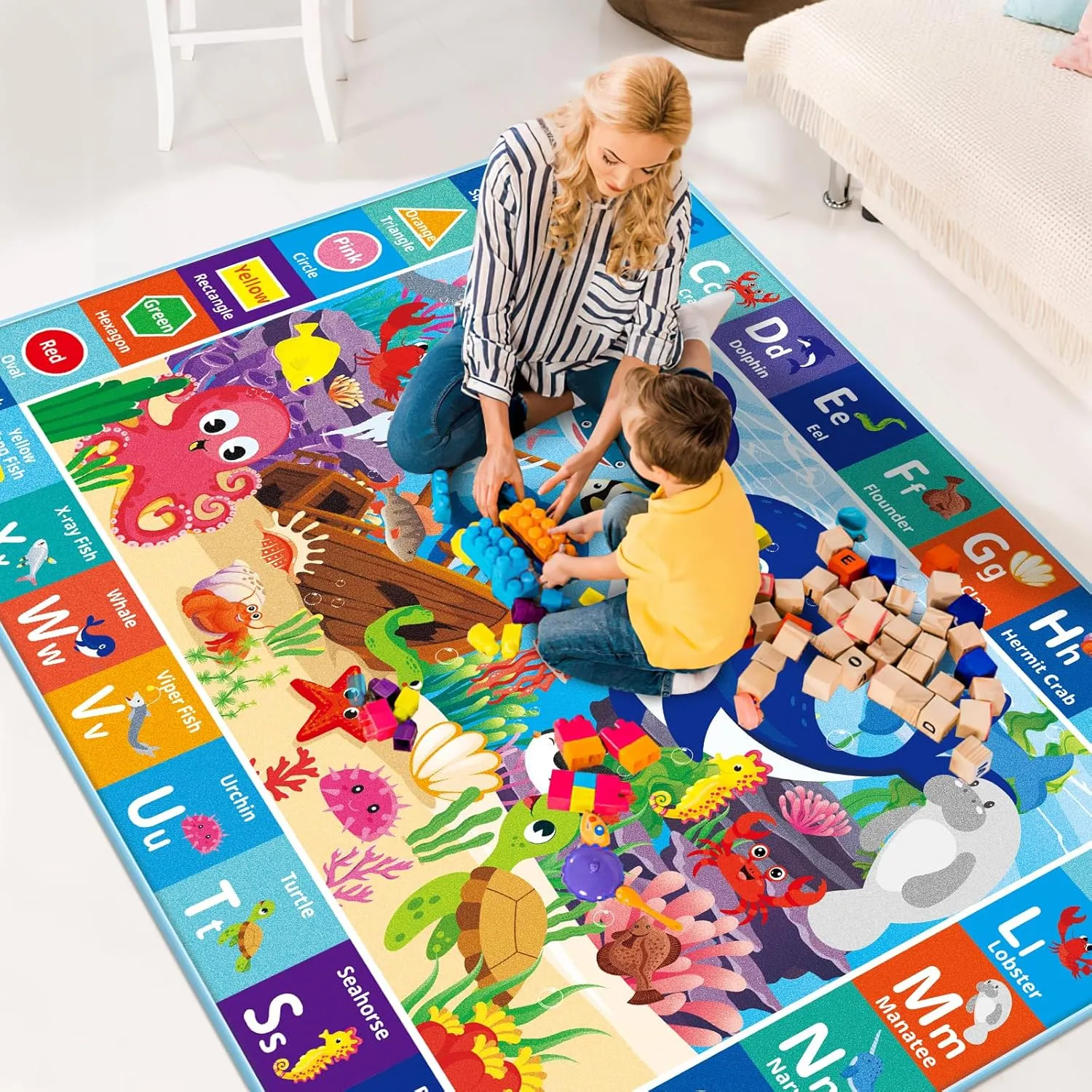 Baby Play Mat - Ocean ABC Kids Play Mat with Sea Animals - Foldable Rug for Baby, Toddler & Infant Playroom (78.7x59 Inch)