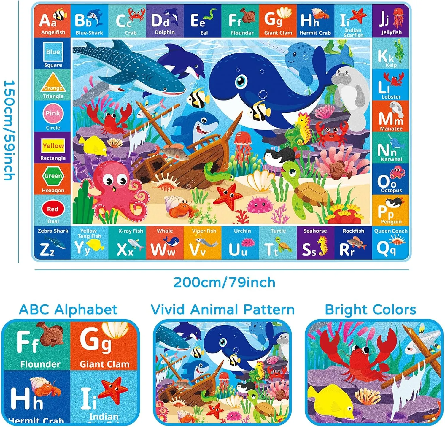Baby Play Mat - Ocean ABC Kids Play Mat with Sea Animals - Foldable Rug for Baby, Toddler & Infant Playroom (78.7x59 Inch)