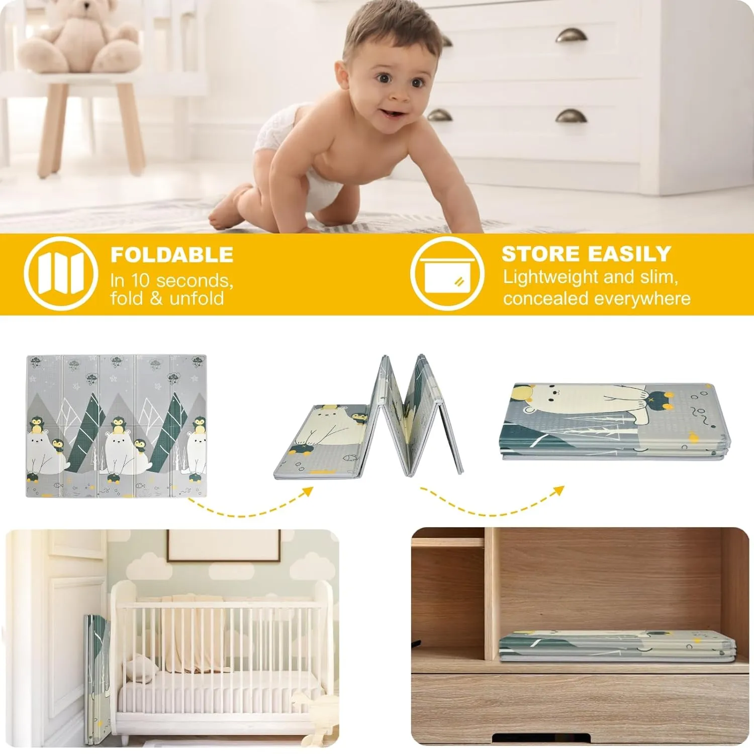 Baby Play Mat, XPE Foldable Foam Play Mat for Floor, Soft Waterproof Playmats for Babies and Toddlers Kids， Reversible Baby Crawling Mat for Indoor and Outdoor， 79''x59''x0.4"