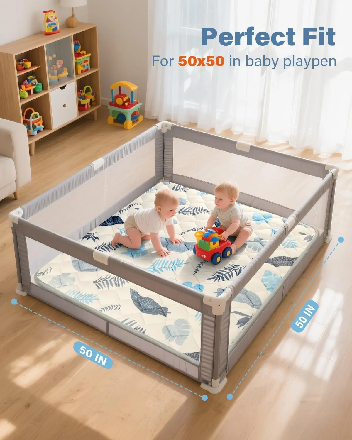 Baby Play Mats for Floor, 50x50 Playpen Mat, Thicken Cushioning Padding Foam Playmate for Baby and Toddlers Infants, Non-Slip & Machine Washable Tummy Time Mat