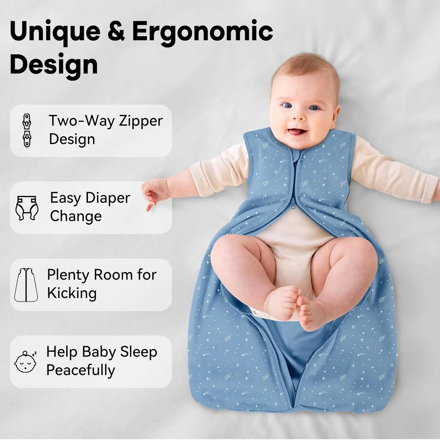 Baby Sleep Sack 18-24 Months 3 Pack 100% Cotton Lightweight 0.5 TOG Wearable Blanket Baby Sleep Bag with 2-Way Zipper for Infant Toddler Blue